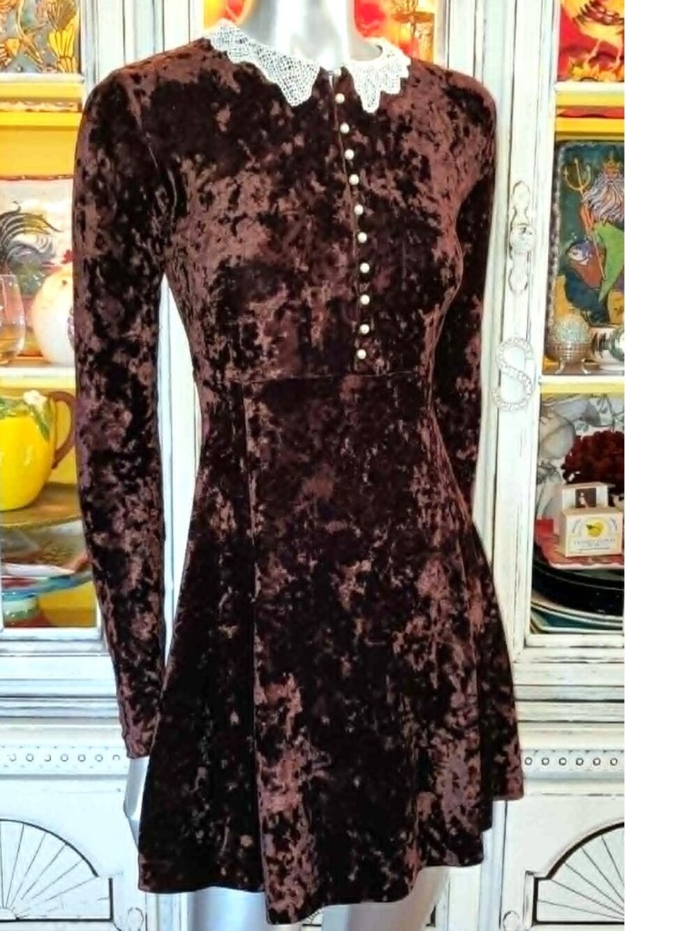 Vintage Betsey Johnson 90s Y2K Brown Crushed Velvet Victorian Pearl Skater Dress - Picture 3 of 15